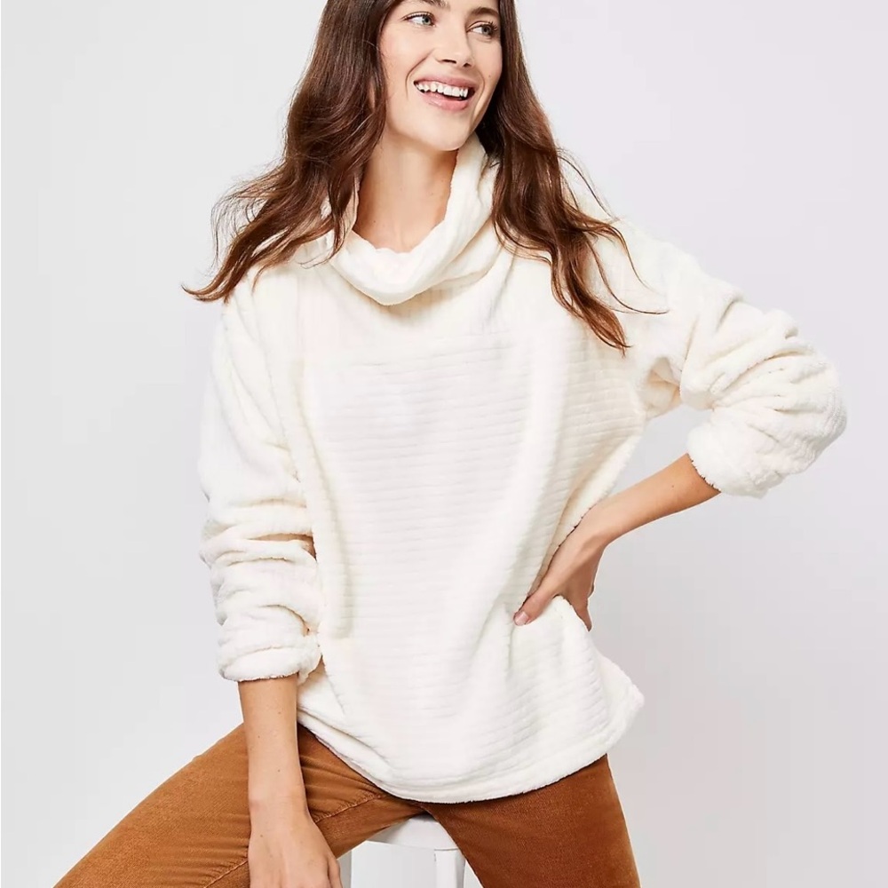 LOFT Striped Velour Mock Neck Sweater in Cream
